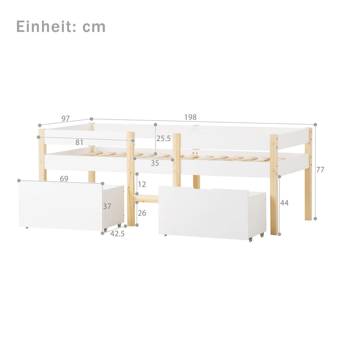 KINDERBETT 90/190 cm mit Schubladen, Rausfallschutz und Leiter, Weiß - Weiß, Holzwerkstoff (90/190cm) - Redom
