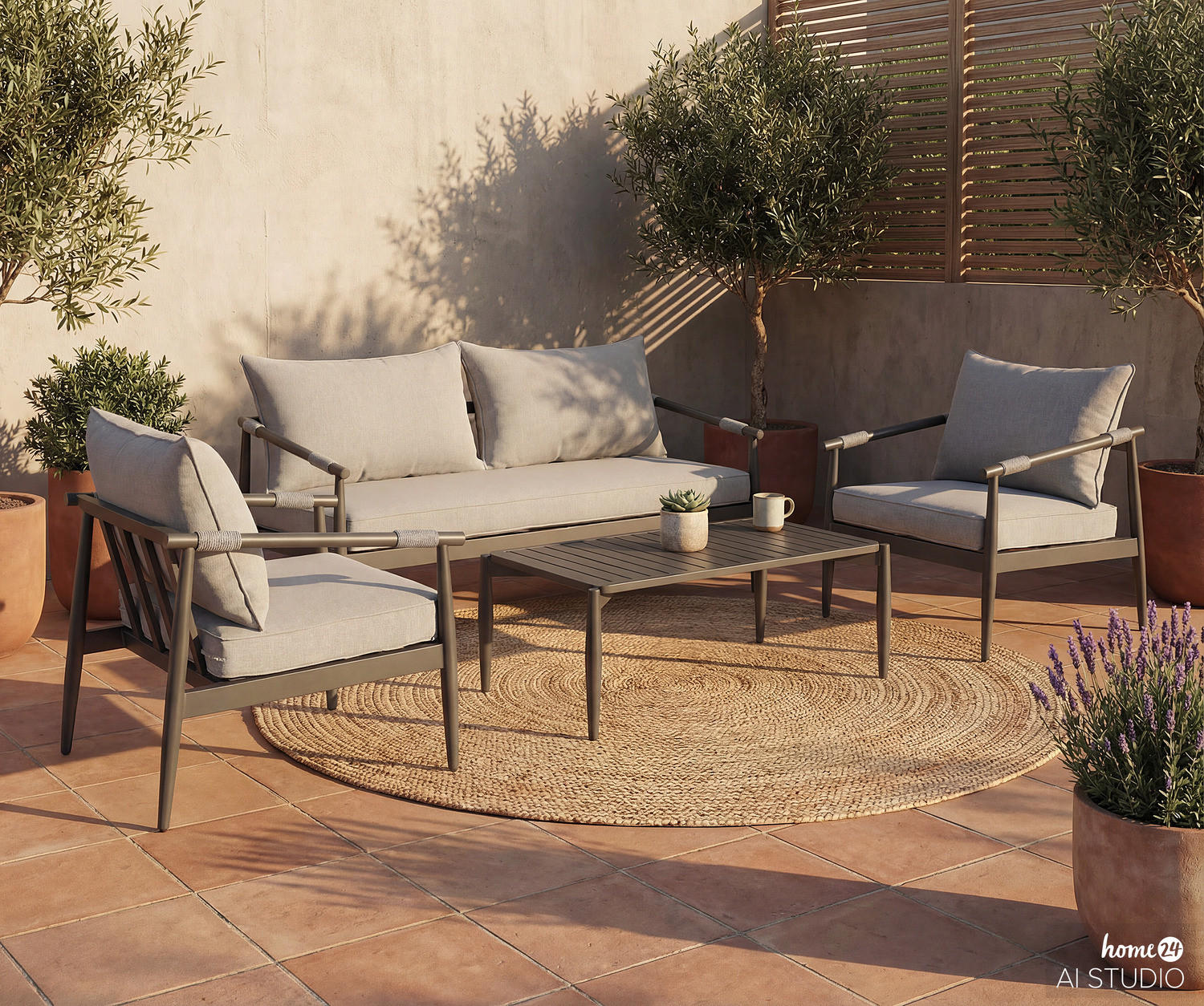 LOUNGESET - 4-teilig - Aluminium / Polyester - Grau / Anthrazit - Anthrazit, Textil/Metall (1/1/1cm) - home24
