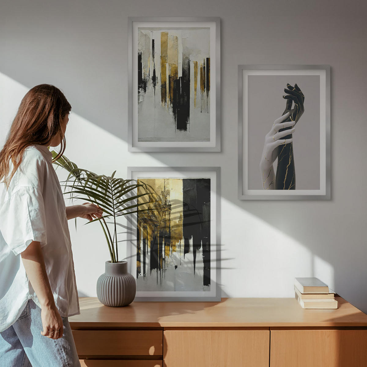 BILDER SET 3er Set - 40x60 cm Silberner Rahmen - Abstrakte handgemalte Muster - Silberfarben, Kunststoff (40/60cm) - TULUP