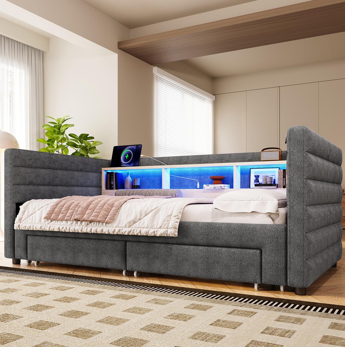 SAMT-POLSTERBETT 90/190 cm mit LED-Beleuchtung und Stauraum in Grau - Grau, Textil (90/190cm) - BEAOK