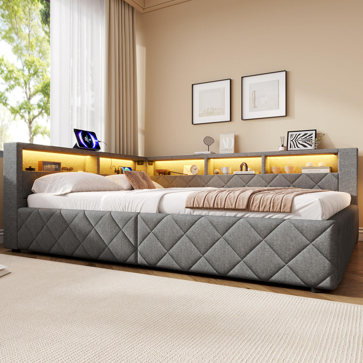 SCHLAFSOFA 140 x 200 cm, Grau, Leinen, LED, USB - Grau, Naturmaterialen (140/200cm) - FLIEKS