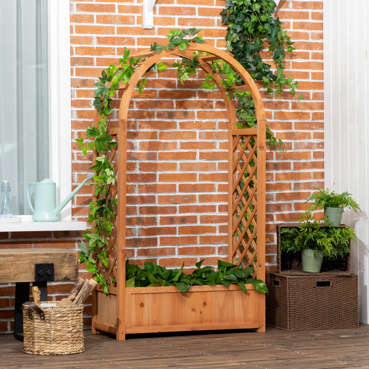 HOCHBEET DE-12124 mit Rankgitter 83/36/152 cm mit Lattenboden Natur - Braun, Holz (83/152/36cm) - ComfortXL