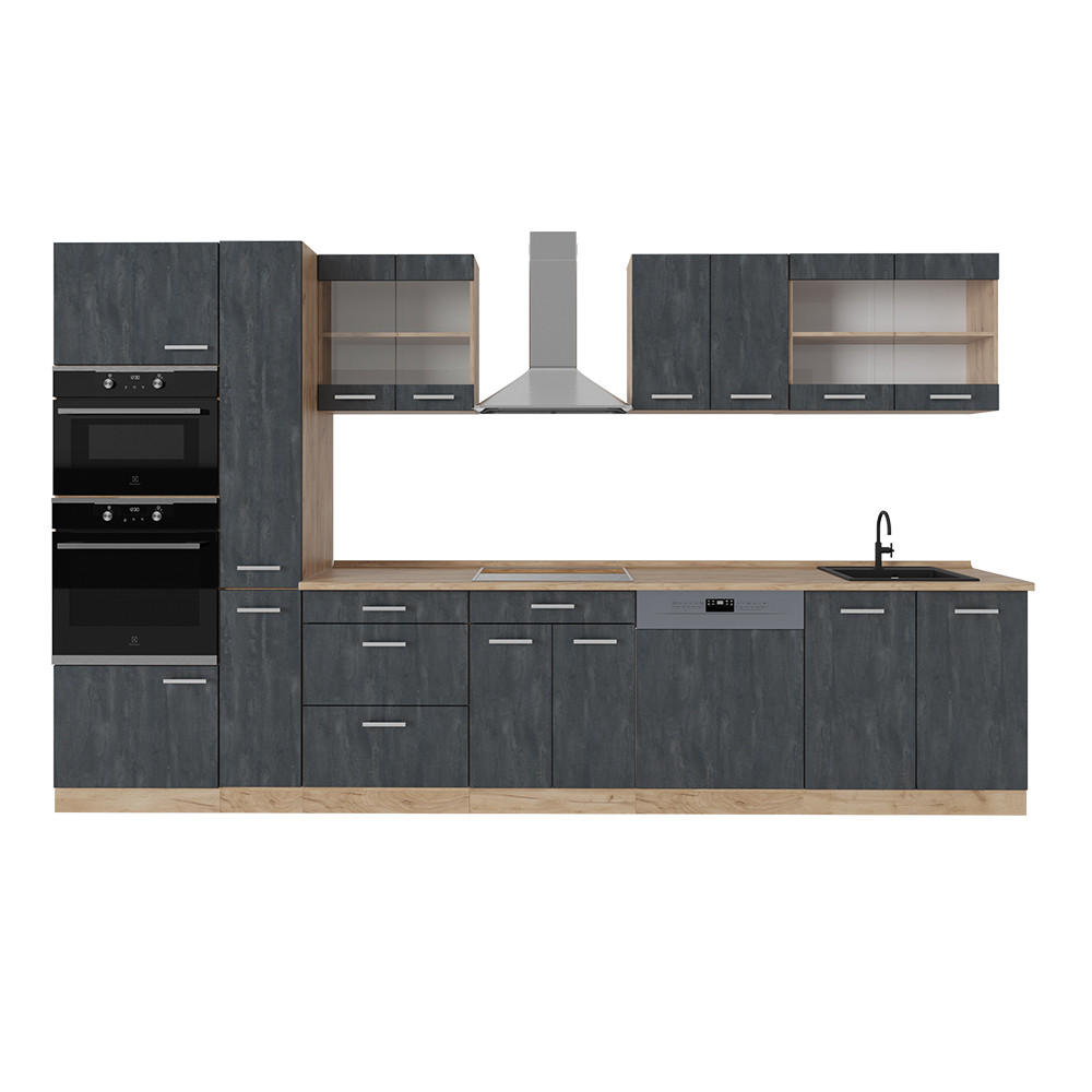KÜCHENZEILE R-Line Schwarz Beton/Goldkraft Eiche 350 cm ohne AP - Eiche Wotan/Schwarz, Holzwerkstoff (350/81.6/46cm) - Vicco