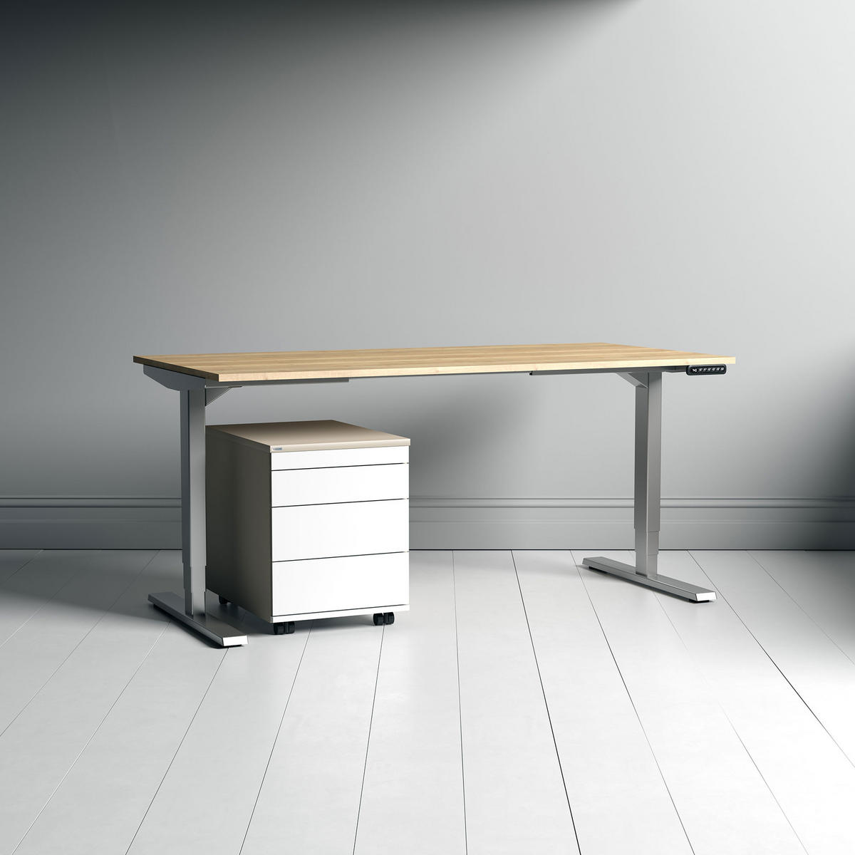 SCHREIBTISCH Elektrisch höhenverstellbarer Schreibtisch Y-Line Eiche Natura Weißaluminium 140/70/62-127cm - Weiß Hochglanz/Silberfarben, Holzwerkstoff/Metall (70/140/127cm) - ASSMANN