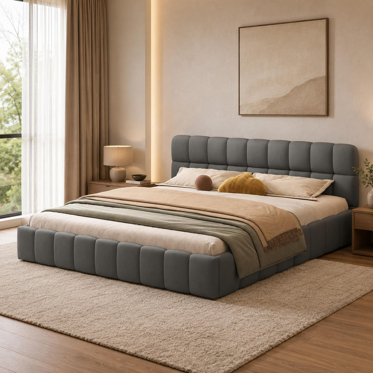 POLSTERBETT 160/200 cm in Grau, Puff Stoffbett mit voll gepolstertem Rahmen, modernes Schlafzimmer Bettgestell - Grau, Holz/Metall (160/200cm) - Joyfair