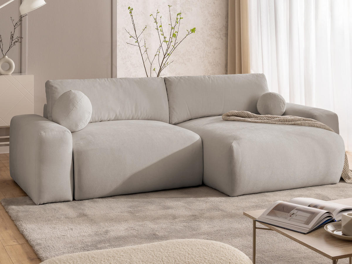 ECKSOFA Puffy mit Schlaffunktion und Bettkasten - besonders weich und puffig aus Beige Webstoff - Ottomane rechts - Beige/Schwarz, Holz/Kunststoff (266/138cm) - S-Style Möbel