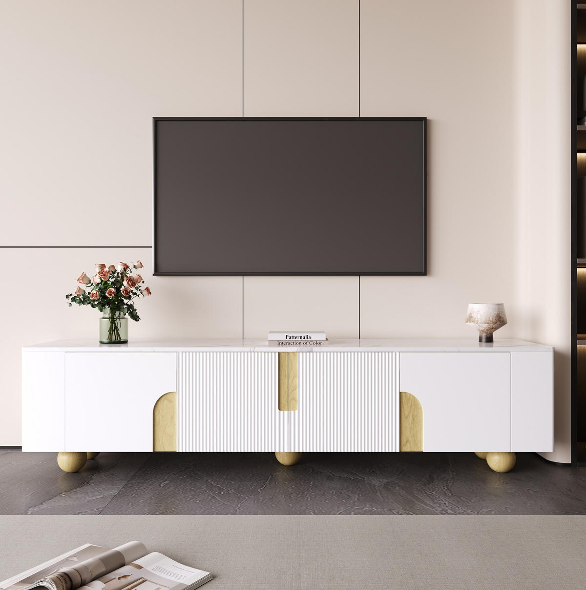 TV-SCHRANK in Weiß und Holzoptik mit 4 Türen und Marmoroptik 180/40/44 cm - Weiß, Holzwerkstoff (180/44/40cm) - Redom