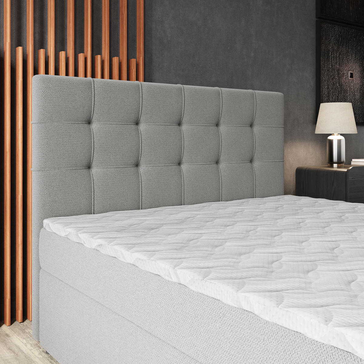 BOXBETT PALMA 160x200 cm mit Matratze und Topper, H2+H3 - Grau - Grau, Holz (160/200cm) - MASSENO