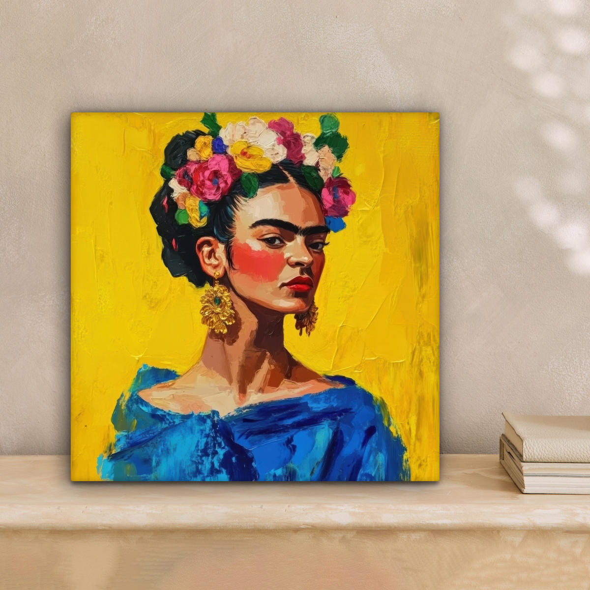 LEINWANDBILD Frida Kahlo - Frau - Gelb - Blau - Blumen Deko Wohnzimmer 20x20 cm - Gelb, Textil (20/20cm) - MuchoWow