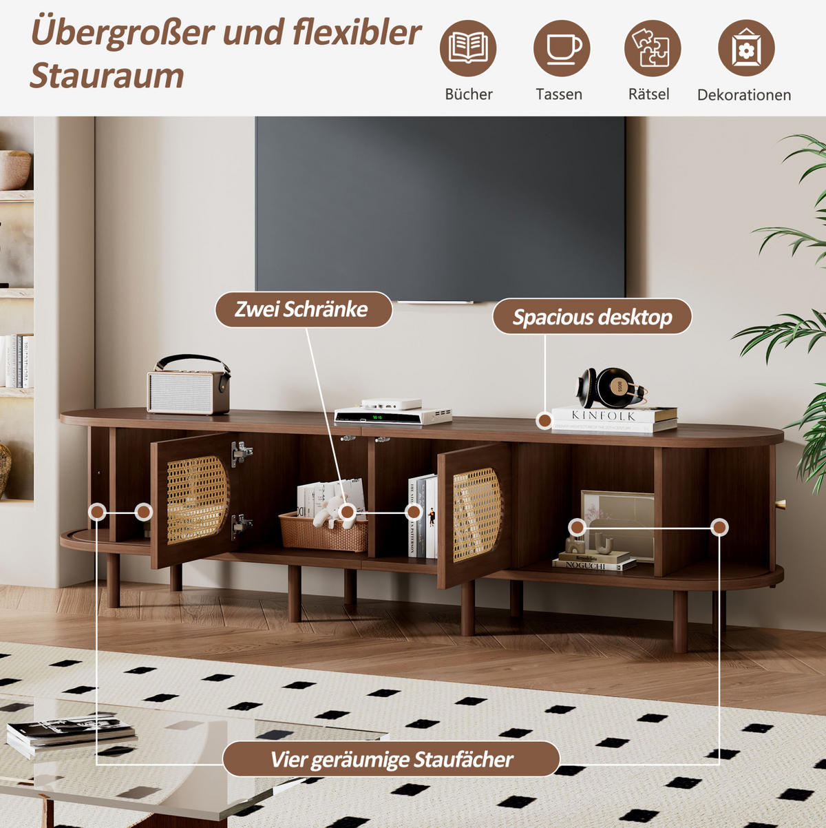 LOWBOARD 180/40/40 cm aus MDF mit Rattan-Fronten und Rollladentüren Walnussfarben - Braun, Holzwerkstoff (180/40/40cm) - Modenvie