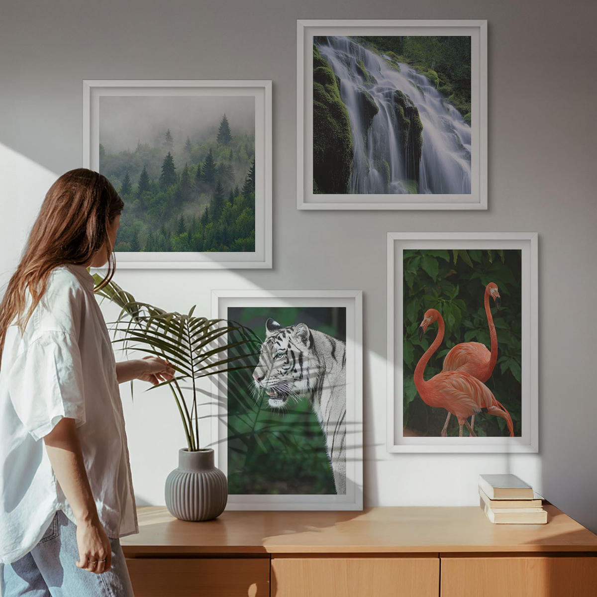 WANDBILDER 4er-Set - 50x50 cm & 40x60 cm Weißer Rahmen - Tiger Wasserfall Flamingos Natur - Weiß, Kunststoff (50/50cm) - ArtPrintCave
