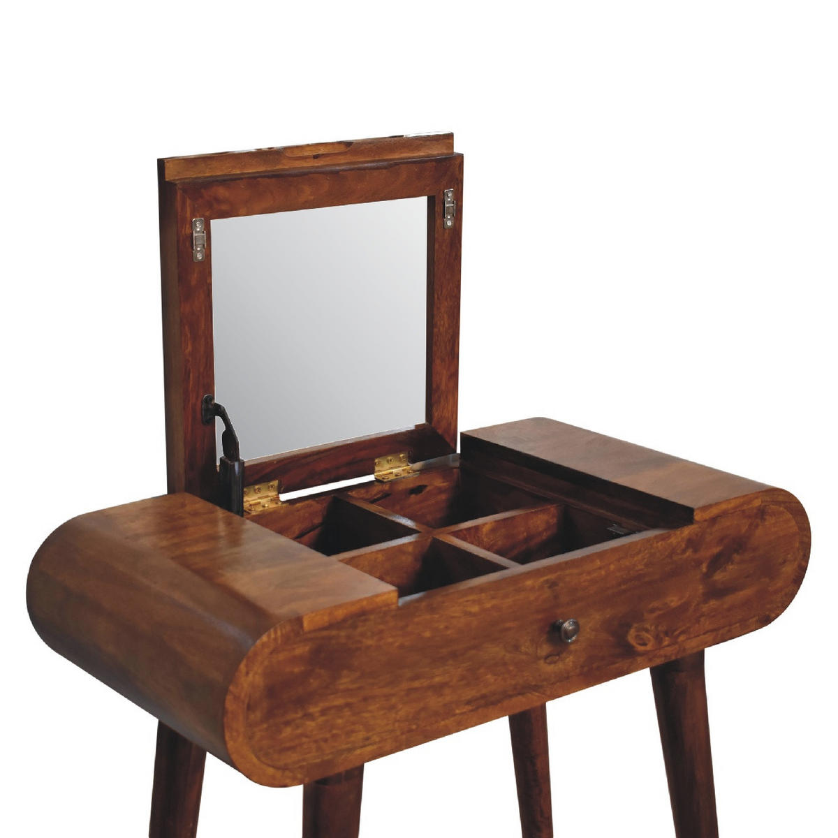 SCHMINKTISCH mini rund klappbar im Kastanienholz-Finish mit 1 Schublade. - Dunkelbraun/Messingfarben, Mangoholz/Holz (70/79/35cm) - Artisan Furniture