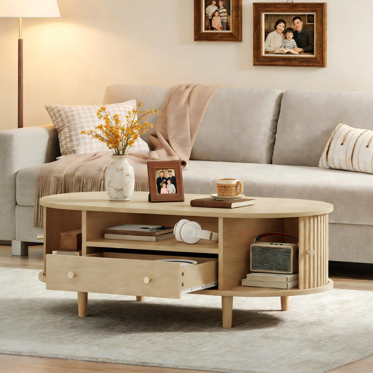 KONFERENČNÍ stolek 100/50/36 cm dubový z MDF s 1 zásuvkou a roletovými dvířky - barva dubu, kompozitní dřevo (100/50/36cm) - OKWISH