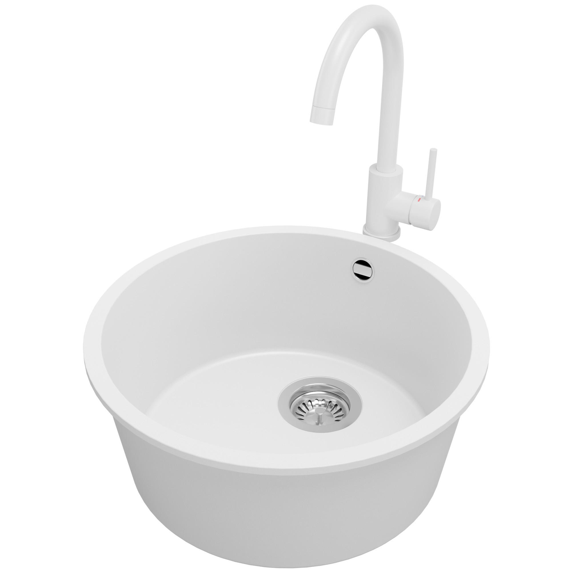 GRANITSPÜLE Valletta Slim, 2-er set Weiß 46/46 cm 1 Becken + Küchenarmatur 32/20 cm + Ablauf-Set ab 50er Unterschrank - Chromfarben/Weiß, Kunststoff (46/20/46cm) - Primagran