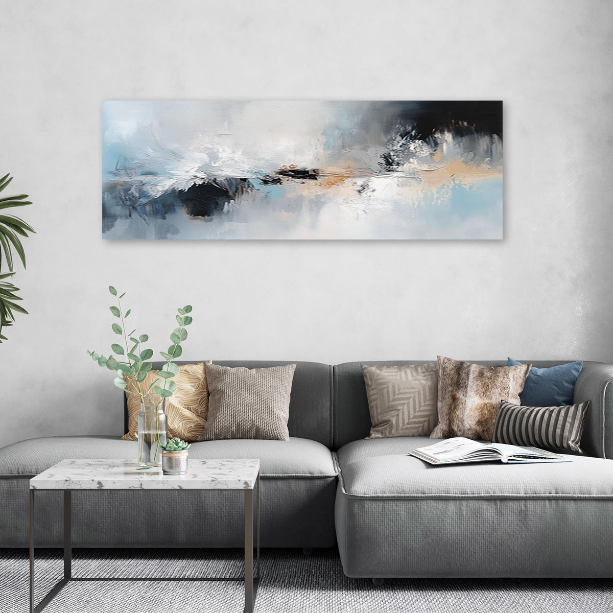 LEINWANDBILD Modernes abstraktes Blau-Grau-Gold 150x50cm - Grau, Textil (150/50cm) - Feeby