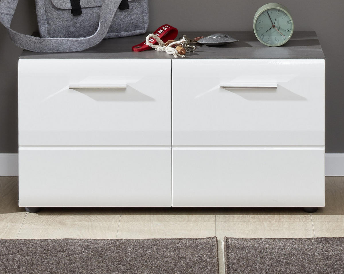 GARDEROBENBANK Hochglanz weiß, Sardegna grau 80 x 41 cm, Schuhbank mit Türen - Weiß Hochglanz/Silberfarben, Holzwerkstoff/Kunststoff (80/35/41cm) - Top.Furn