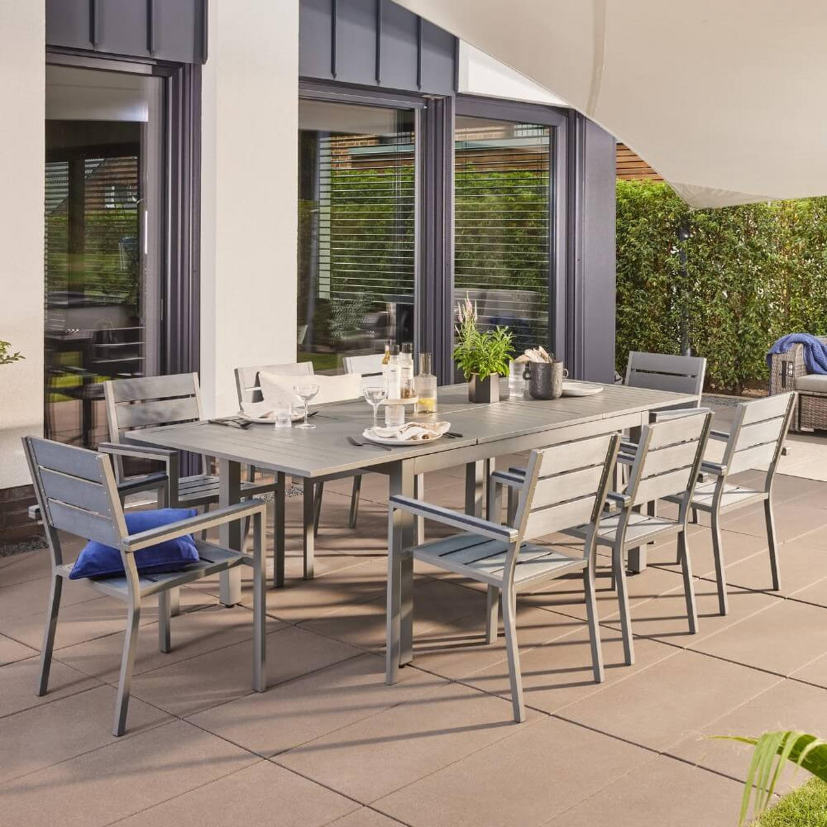 GARTEN-SITZGRUPPE ausziehbar CASA MADERA - 160/240 x 100 cm 4 Stühle - Anthrazit/Hellgrau, Glas/Metall - Home Deluxe