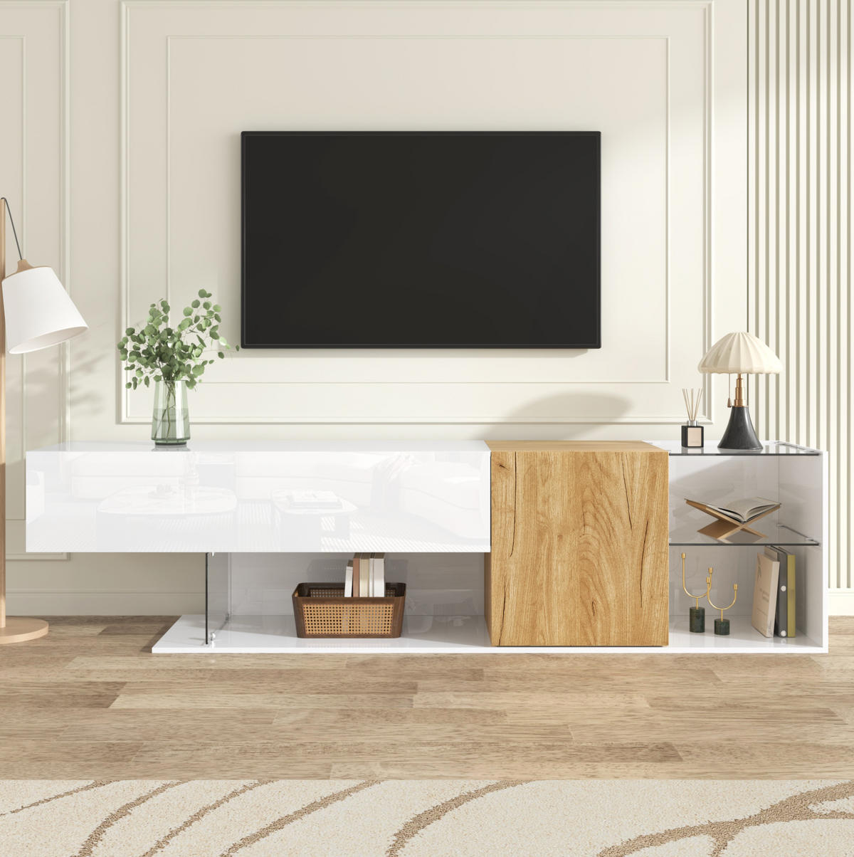 LOWBOARD TV-Kommode 180/38/48 cm aus Spanplatte mit Glasregalen und Stauraum Weiß/Natur - Weiß, Holzwerkstoff (180/48/38cm) - Modenvie