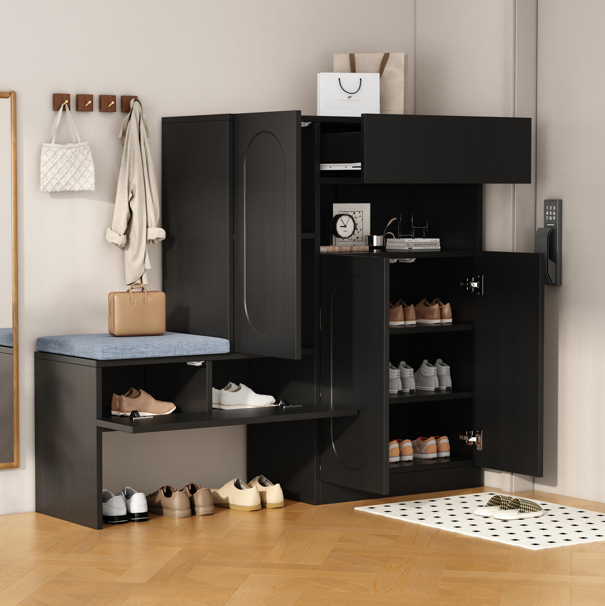 SCHUHBANK mit Sitzfläche 130/35/110 cm in Schwarz, grifflos mit 2 Türen - Schwarz, Holzwerkstoff (130/110/35cm) - BEAOK