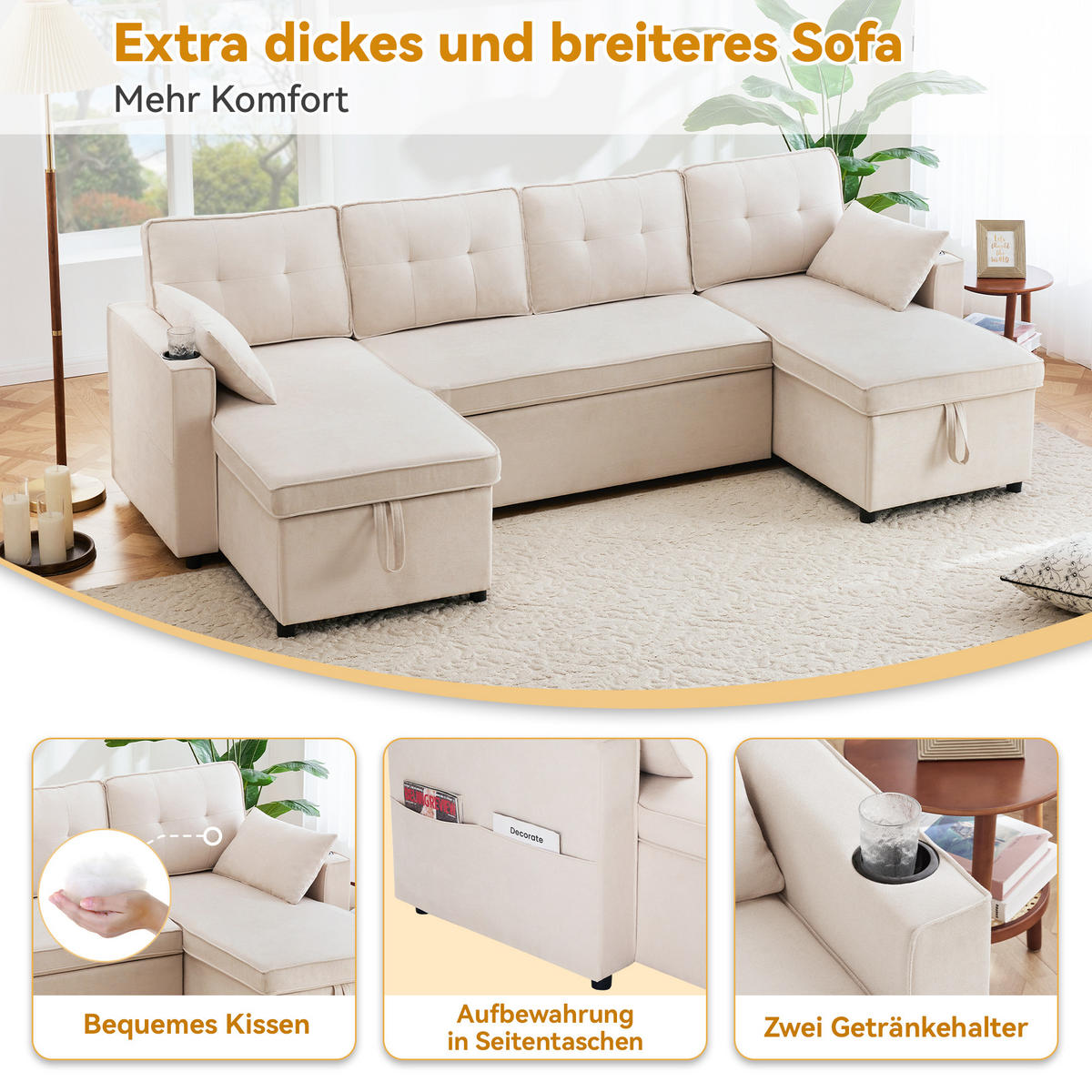 SCHLAFSOFA U-Form, Baumwoll-Leinenstoff mit Stauraum & Getränkehaltern, 270/130/86 cm, Beige - Beige, Textil (130/86/270cm) - Redom