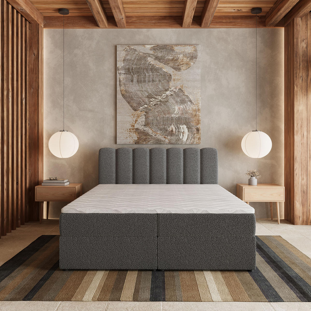 BOXBETT SOLIA 180x200 cm mit Matratze und Topper, H2+H3 - Grau - Grau, Holz (180/200cm) - MASSENO