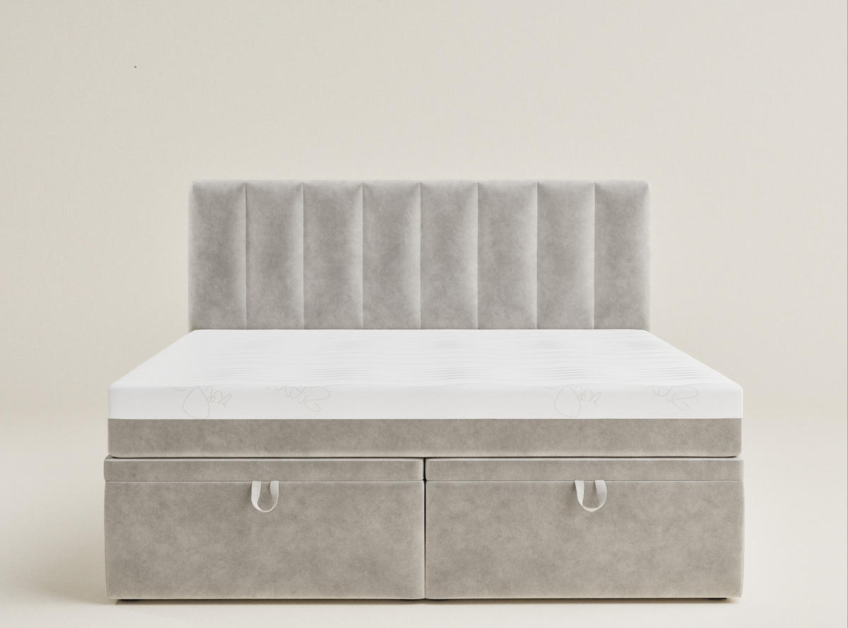 BOXBETT 180/200 cm Lovage M, in Beige, Matratze, gepolstertes Kopfteil, Bettkasten, H3 = fest - Beige/Schwarz, Holz/Holzwerkstoff (180/200cm) - Maison de Reve