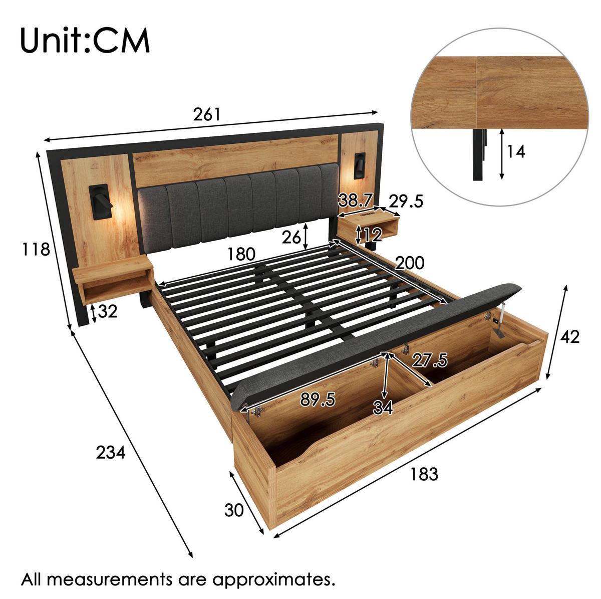 POLSTERBETT 180/200 cm mit Bettbank (Bettkasten), LED-Leselampen & USB/Type-C, Eiche - Eichefarben, Metall (180/200cm) - Redom