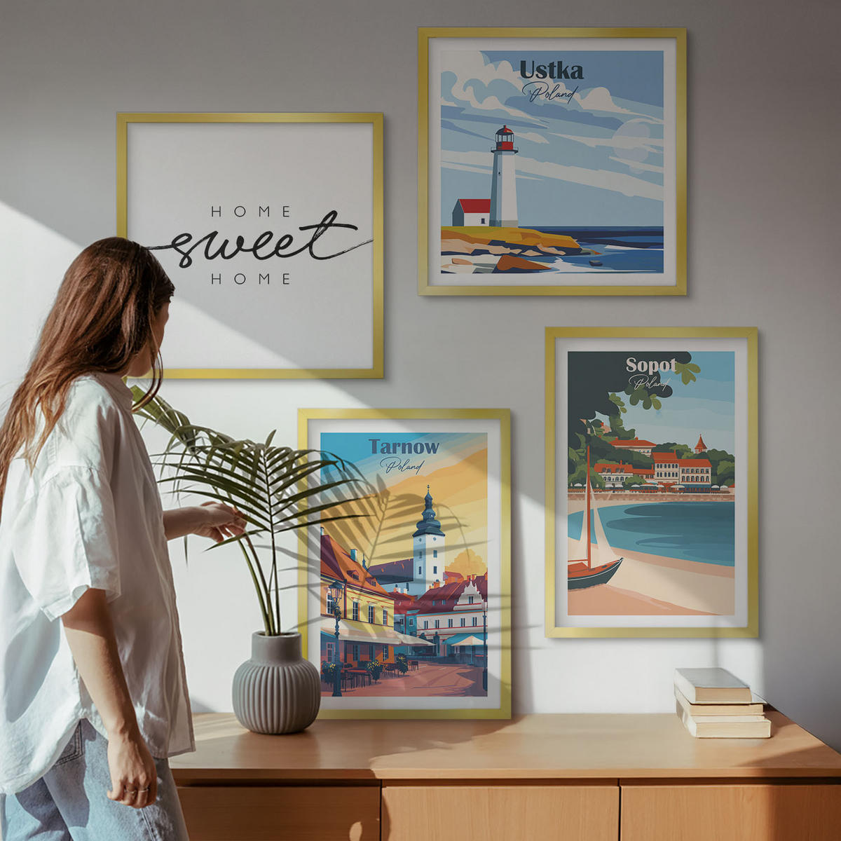 BILDER SET 4er Set - 50x50 cm & 40x60 cm Goldrahmen - Polnische Städte Ustka Tarnów Sopot - Goldfarben, Kunststoff (50/50cm) - TULUP