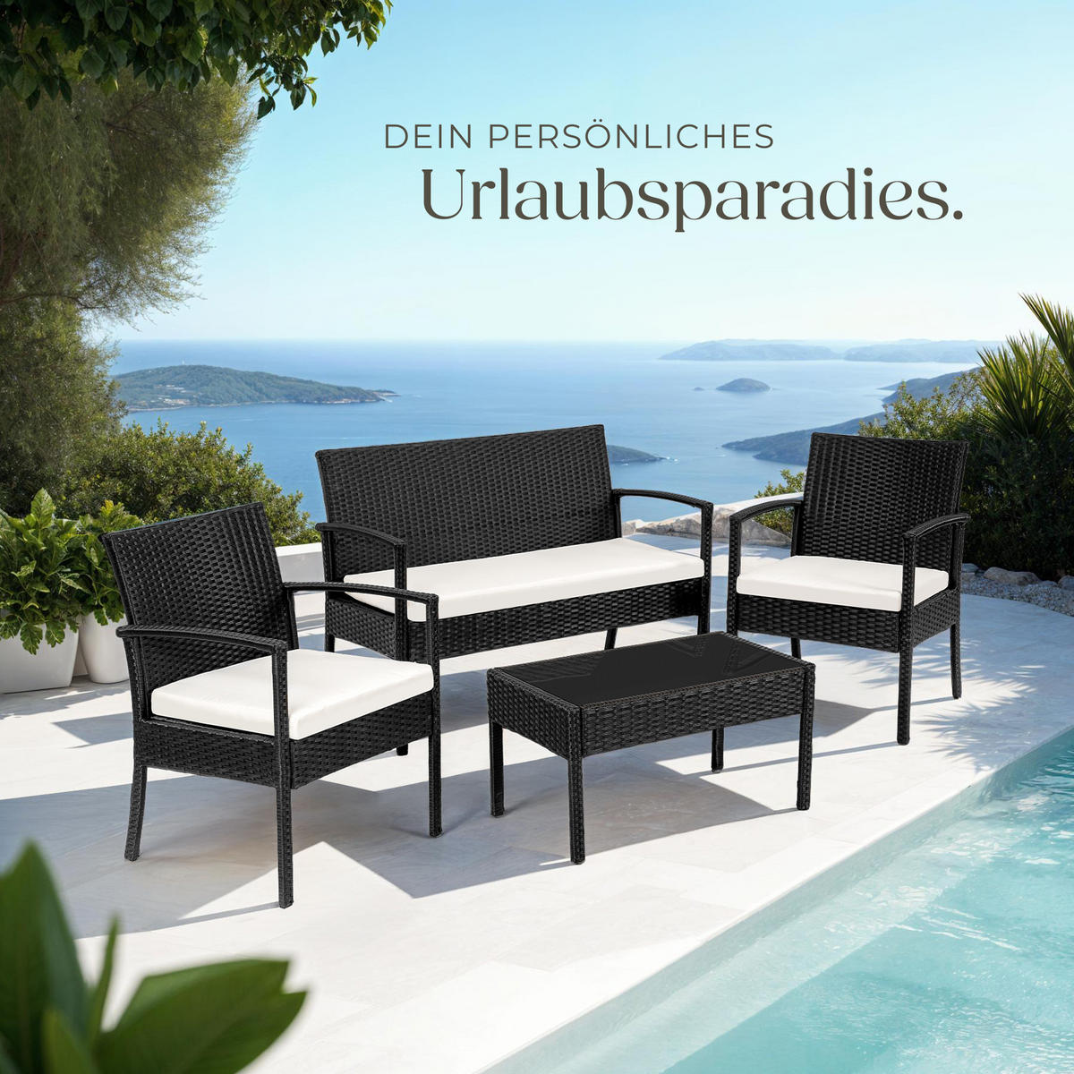 RATTAN SITZGRUPPE Sparta,schlanke Gestelle,schwarz - Schwarz, Kunststoff - tectake