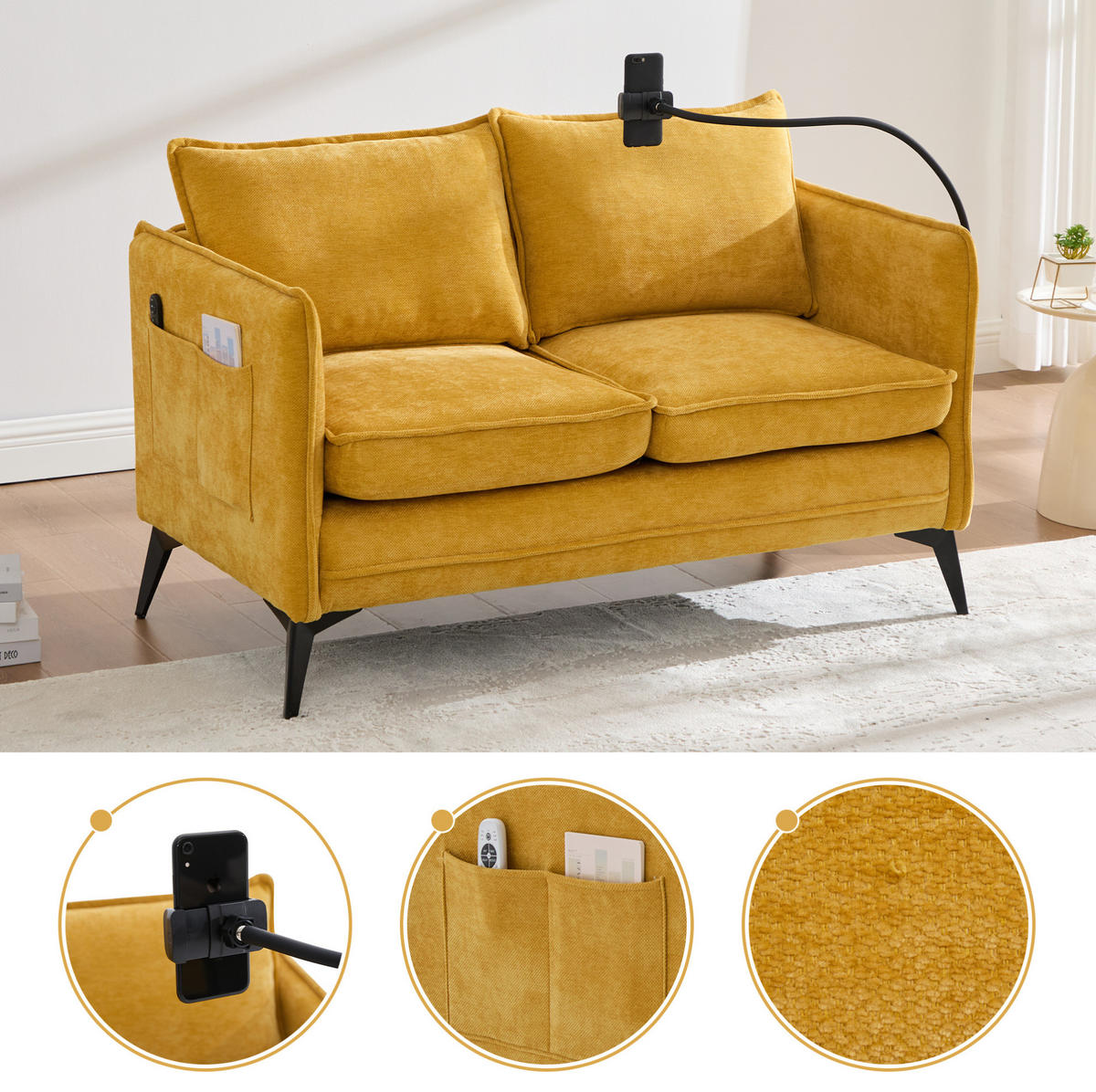 SOFA 2-Sitzer mit Handyhalterung und Ablagefächern Chenille Gelb 127/69/66 cm - Gelb, Textil (127/66/69cm) - OKWISH