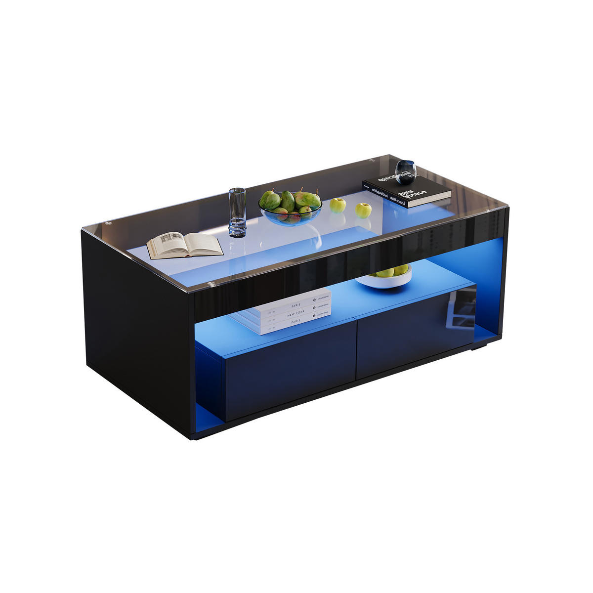 COUCHTISCH, LED‑Beleuchtung, Hochglanz‑Fronten, gehärtete Glasplatte, 100/50/40 cm, Schwarz - Schwarz, Holzwerkstoff (100/50/40cm) - Redom