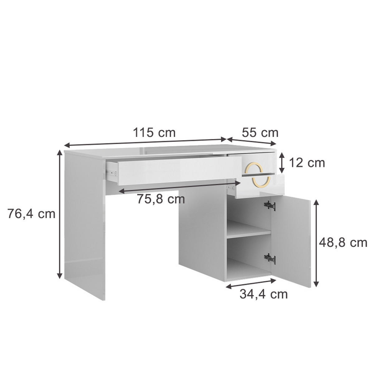 SCHREIBTISCH Adela Weiß Hochglanz 115 x 55 cm mit 3 Schubladen - Weiß Hochglanz, Holzwerkstoff (55/115/76.4cm) - Vicco