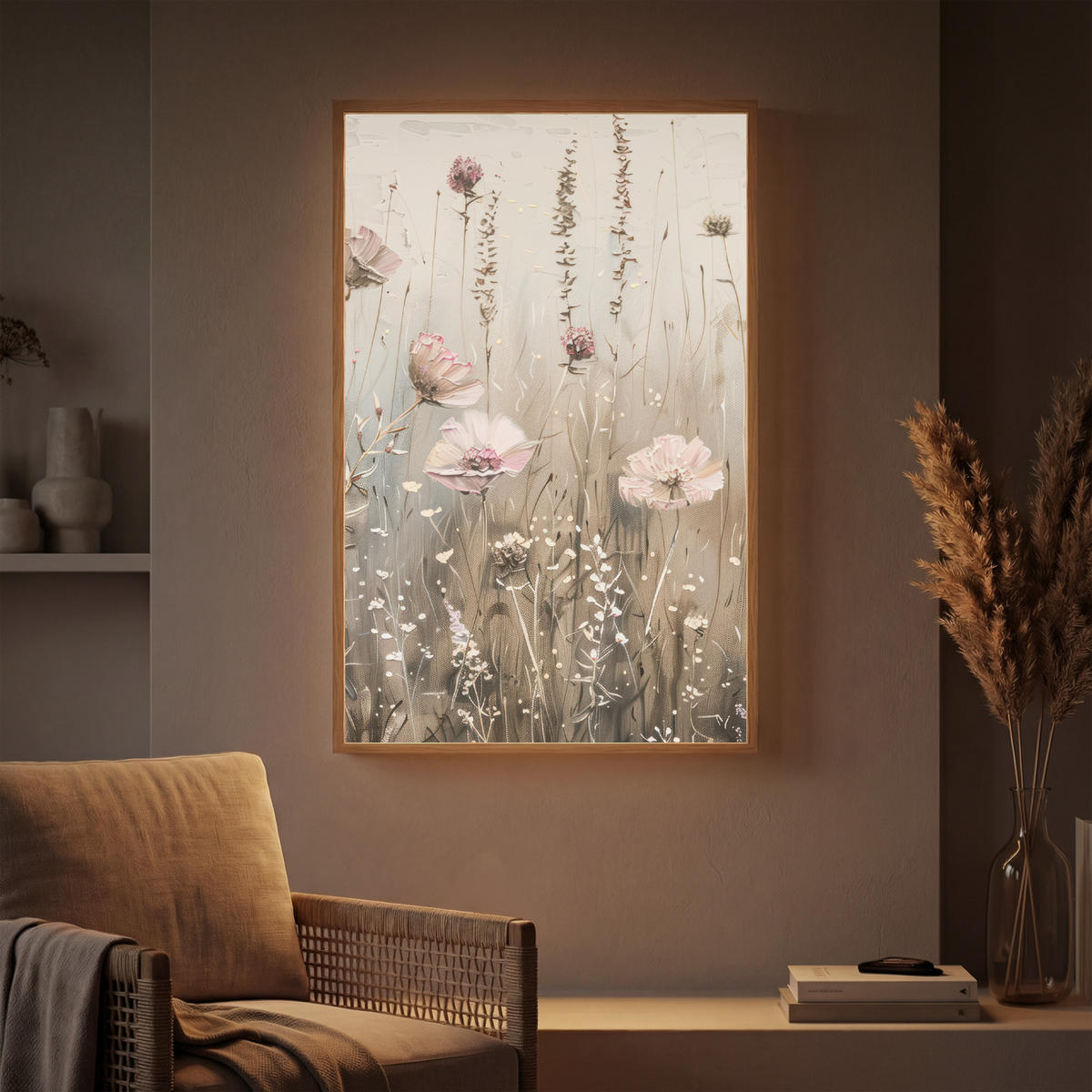 NÁSTĚNNÁ LAMPA S AKUMULÁTOREM Květiny - růžová - moderní - béžová 60x90 cm - starorůžová, kompozitní dřevo (60/90/8cm) - OnlyWow