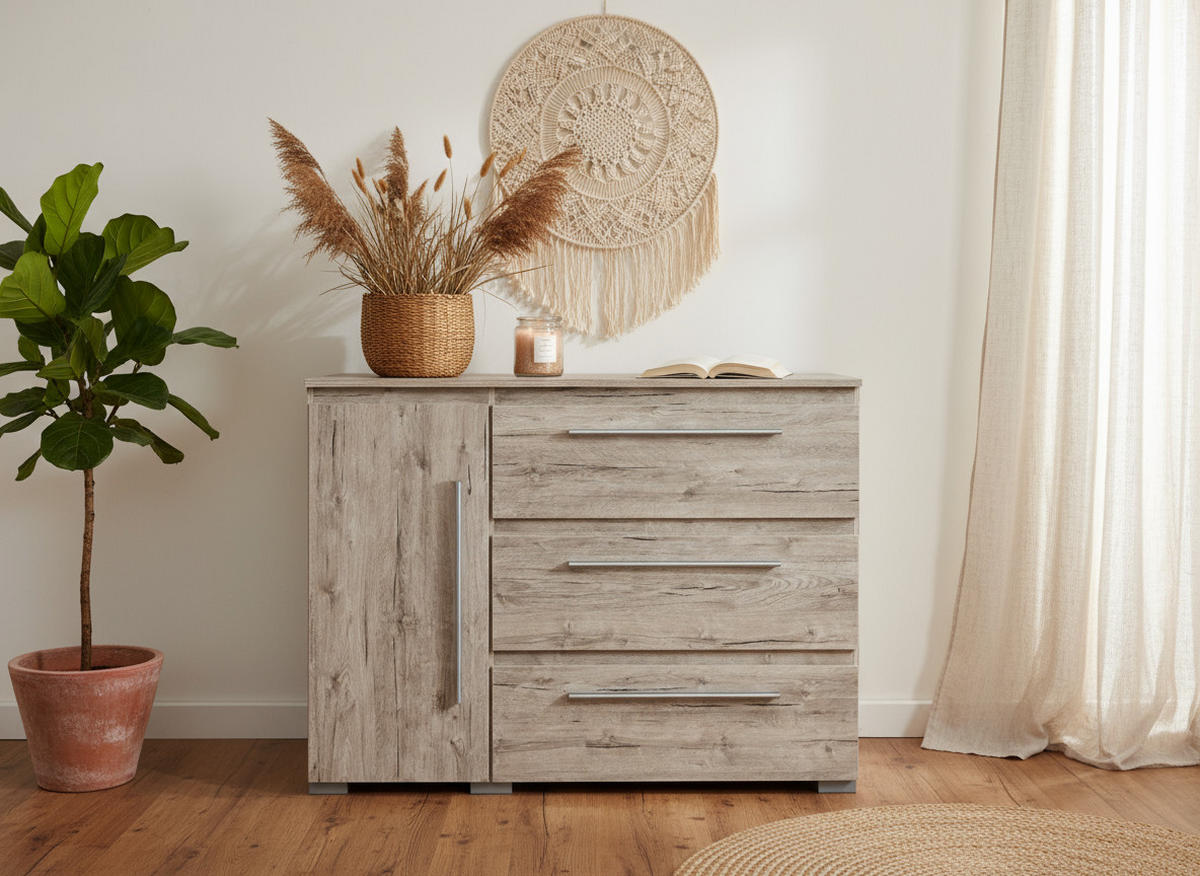 KOMMODE Bali 127/92/50 cm Eiche Sand - Eichefarben/Silberfarben, Holzwerkstoff/Kunststoff (127/92/50cm) - arthur berndt