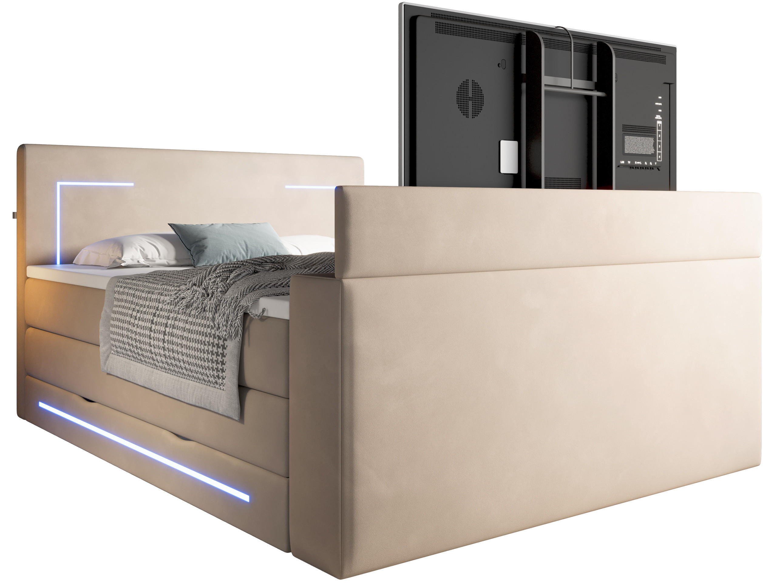 BOXSPRINGBETT Monaco beige 160/200 cm H3/H4 Samt mit TV-Lift - Beige, Textil (160/200cm) - wonello