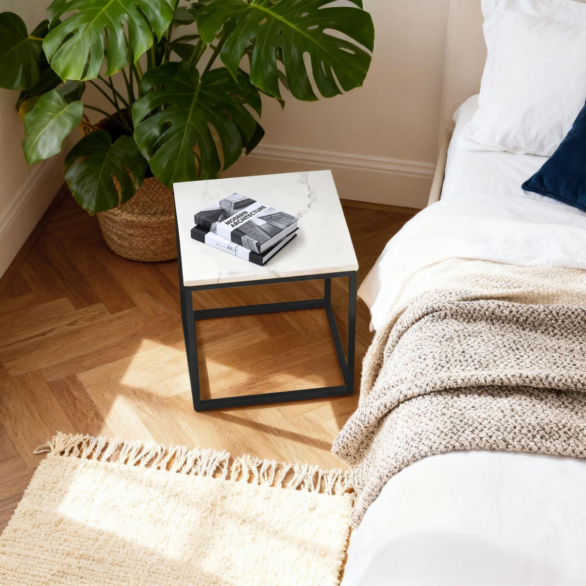 MARMOR-BEISTELLTISCH Alysia,mit höhenverstellbaren Kunststofffüßen,schwarz/weiß - Schwarz/Weiß, Stein (45/45/47.5cm) - tectake