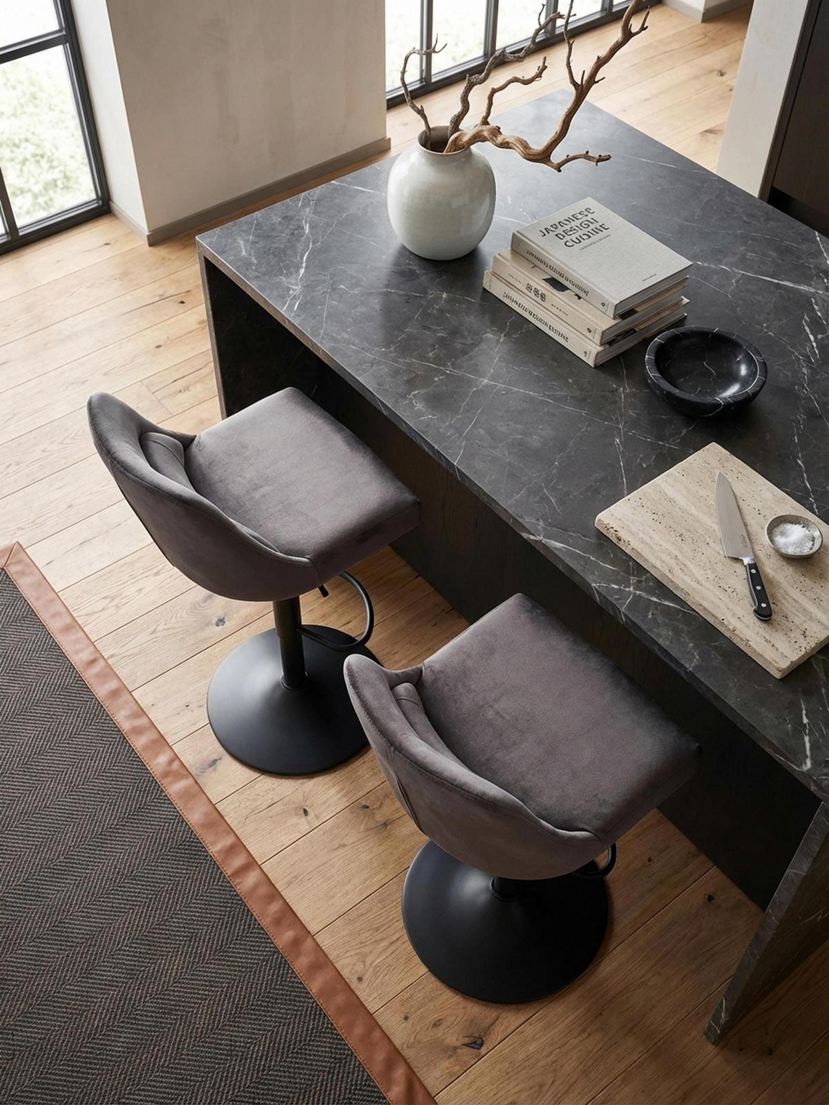BARHOCKER Samt Lehne Höhenverstellbar Trompetenfuß Gepolstert, Grau 45x51x106 cm - Schwarz/Grau, Textil/Metall (45/106/51cm) - KADIMA DESIGN