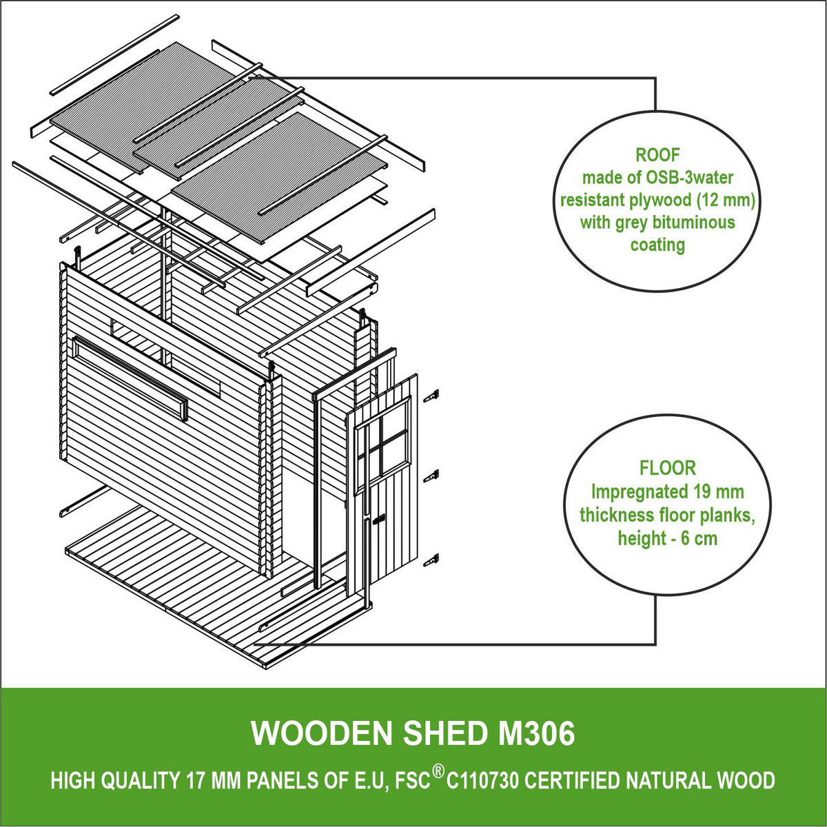 GARTENHAUS HOLZ - Gerätehaus mit imprägniertem Boden B144xL239xH198 cm/ 2.63 m2 M306+M306G - Beige, Holz (144/204/239cm) - Timbela