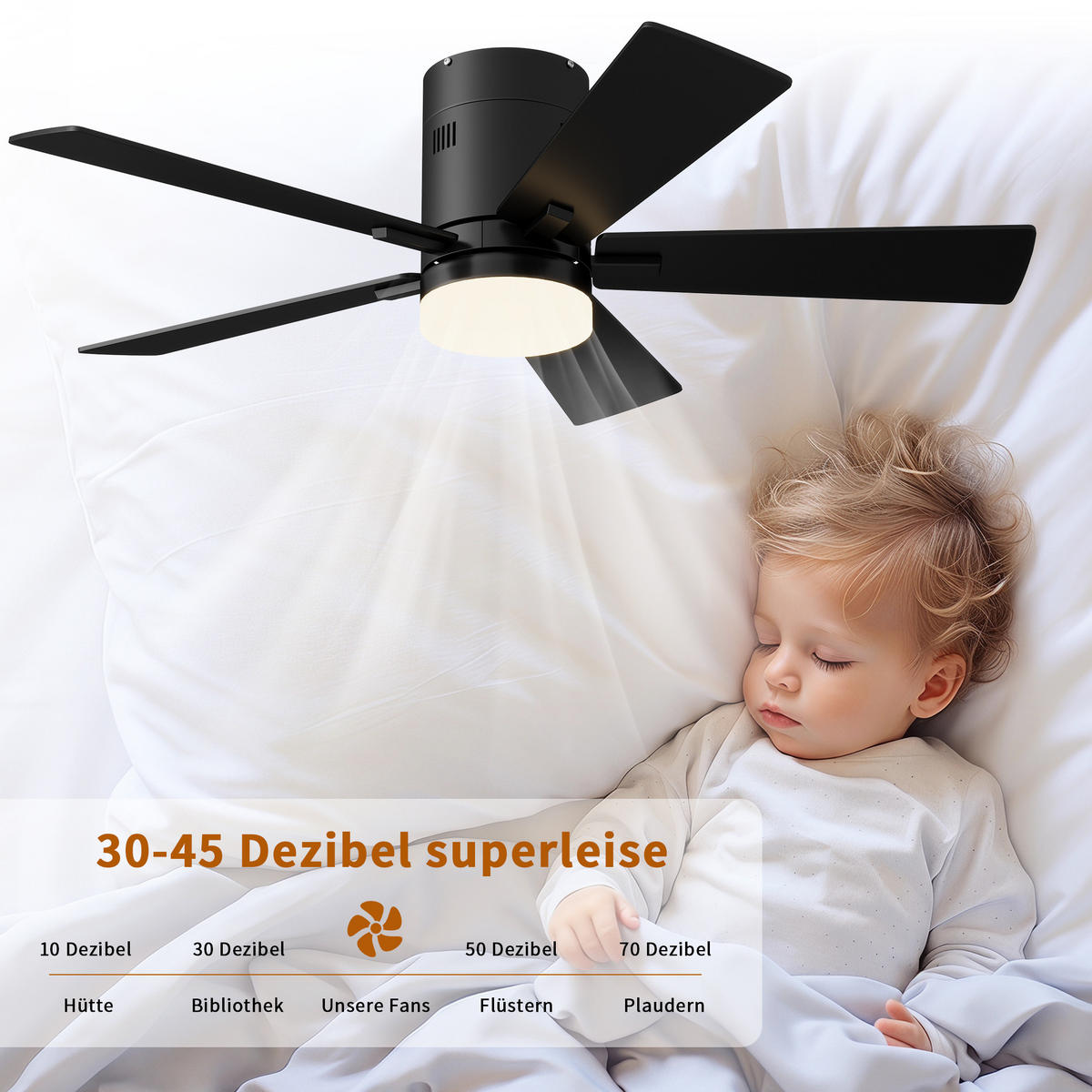 DECKENVENTILATOR mit LED-Licht, 106,6 cm, Schwarz, 6 Stufen & Timer - Schwarz, Metall (106.6/106.6/28cm) - EuroLiving