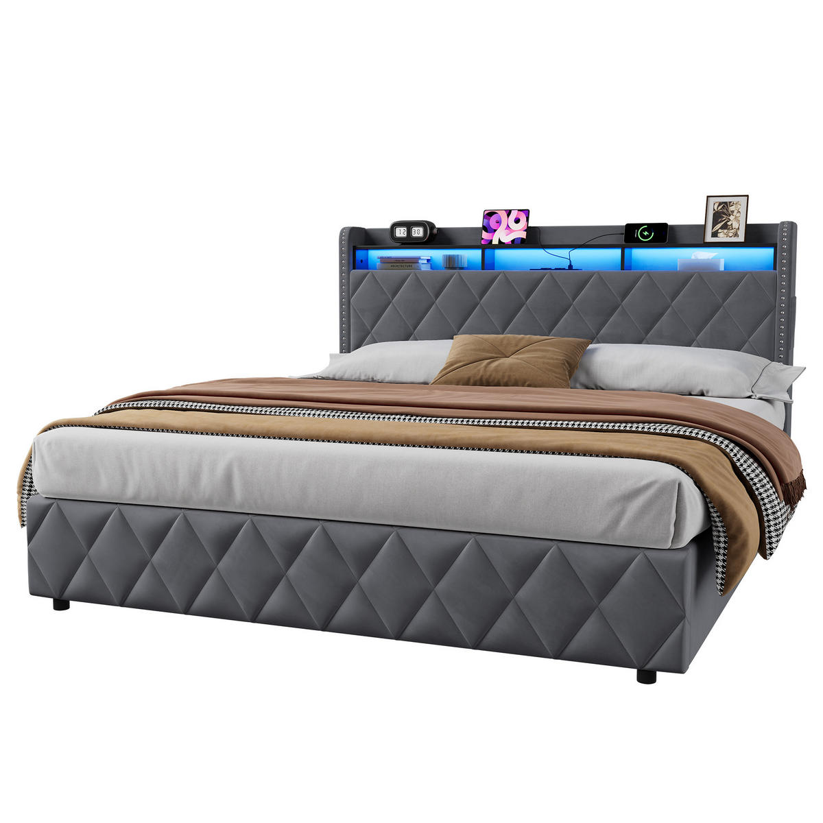 POLSTERBETT 180/200 cm in Dunkelgrau Samt mit hydraulischem Bettkasten, LED und USB - Grau, Holzwerkstoff/Textil (180/200cm) - CHICFURN