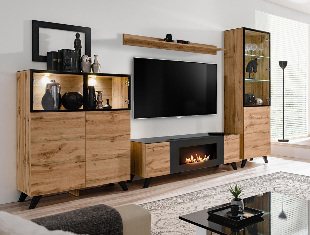 WOHNWAND Wotan Eiche, schwarz 330 cm, Schrankwand mit Kamin, inklusive LED - Eichefarben/Schwarz, Glas/Holz (330/197/45cm) - Inn.Furn
