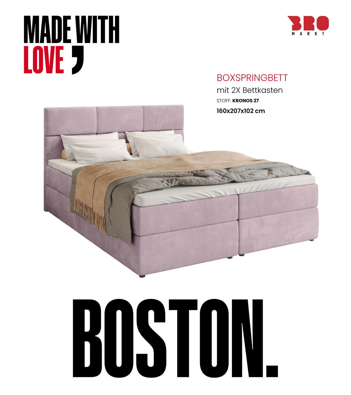 BOXBETT Boston mit Topper 160/200 Rosa - Rosa, Holzwerkstoff/Textil (160/200cm) - Bromarkt