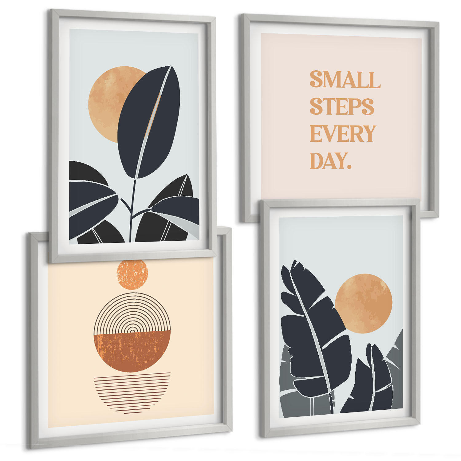 BILDER SET 4er Set - 50x50 cm & 40x60 cm Silberner Rahmen - Pflanzenmuster große minimalistische Sonnen - Silberfarben, Kunststoff (50/50cm) - TULUP