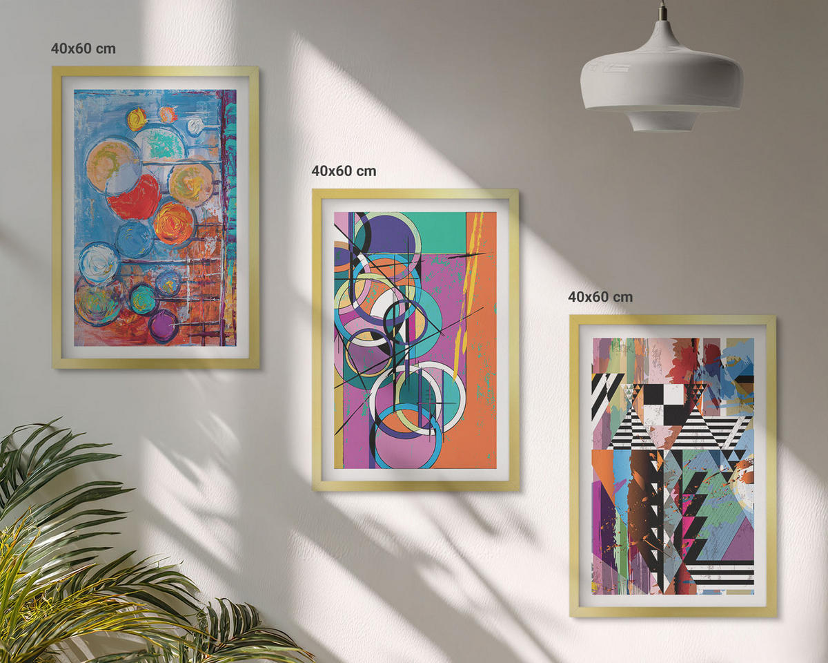 WANDBILDER 3er Set - 40x60 cm Goldrahmen - Bunte abstrakte Kreise Geometrie - Goldfarben, Kunststoff (40/60cm) - ArtPrintCave