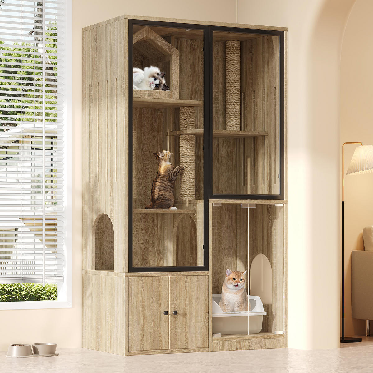 VITRINE Naturfarben aus MDF & Glas 90×50×160cm als Katzenvilla mit Panoramatür und Kratzpfosten - Naturfarben, Holzwerkstoff (50/160/90cm) - Luhomfu