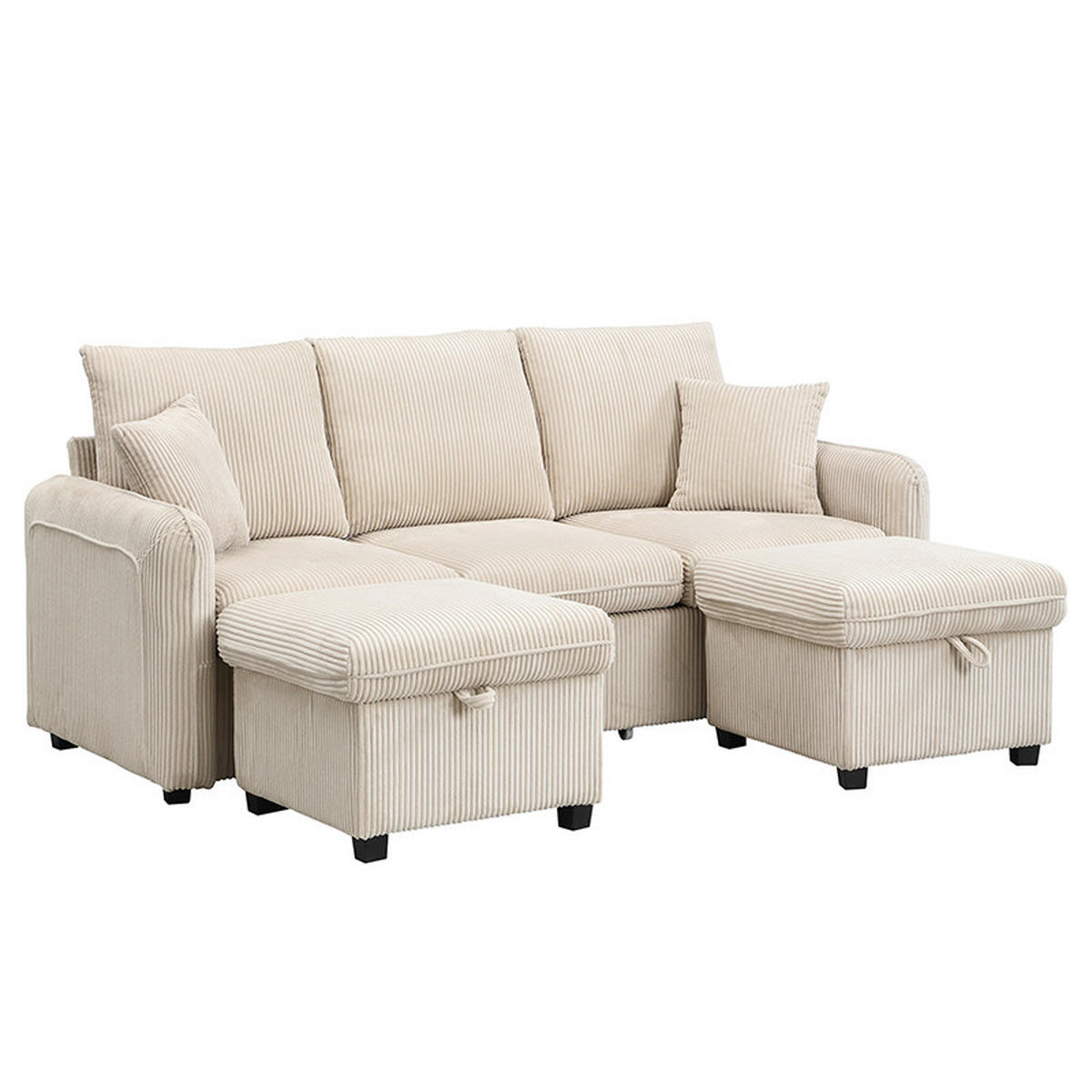 WOHNLANDSCHAFT U-Form mit Schlaffunktion und Staufunktion in Beige Cord 200/130/80 cm - Beige, Kunststoff (188/86/186cm) - OKWISH