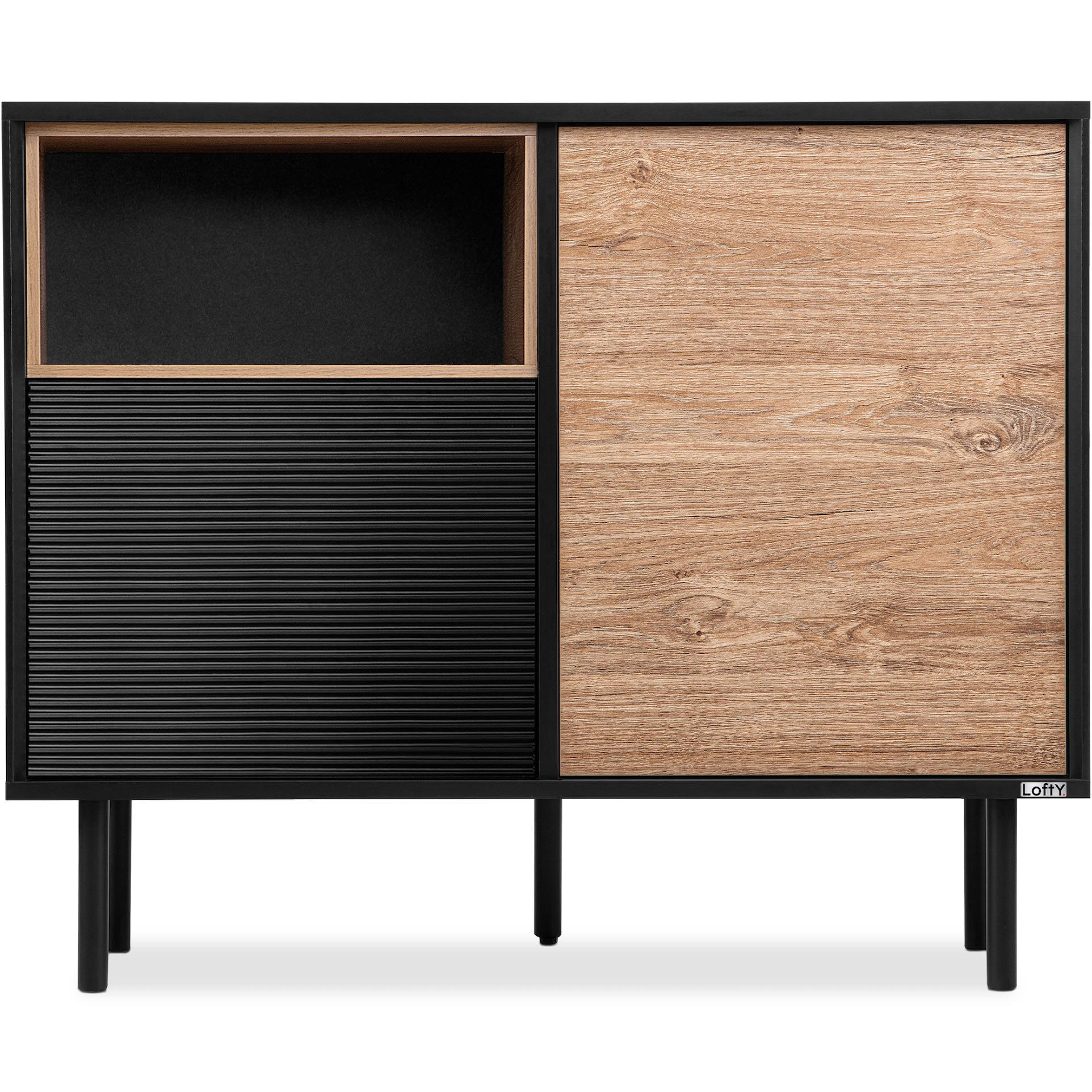 KOMMODE LOFTY Außenseiteneinlage, schwarz / Eiche natur - Eichefarben/Multicolor, Holzwerkstoff (102/83/41cm) - KONSIMO®