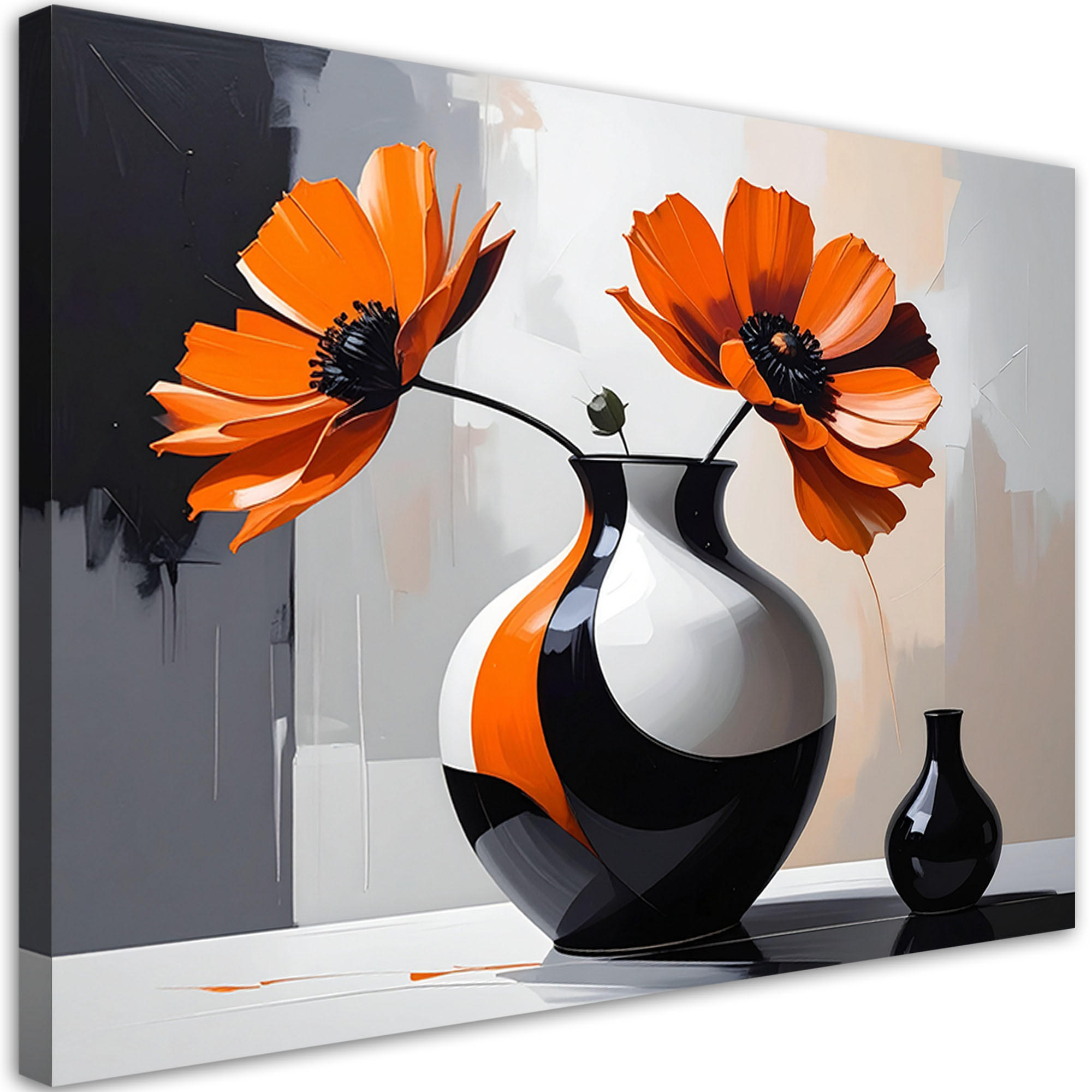 LEINWANDBILD, Orangefarbene Blumen in einer modernen schwarz-weißen Vase - Orange, Textil (120/80cm) - Feeby