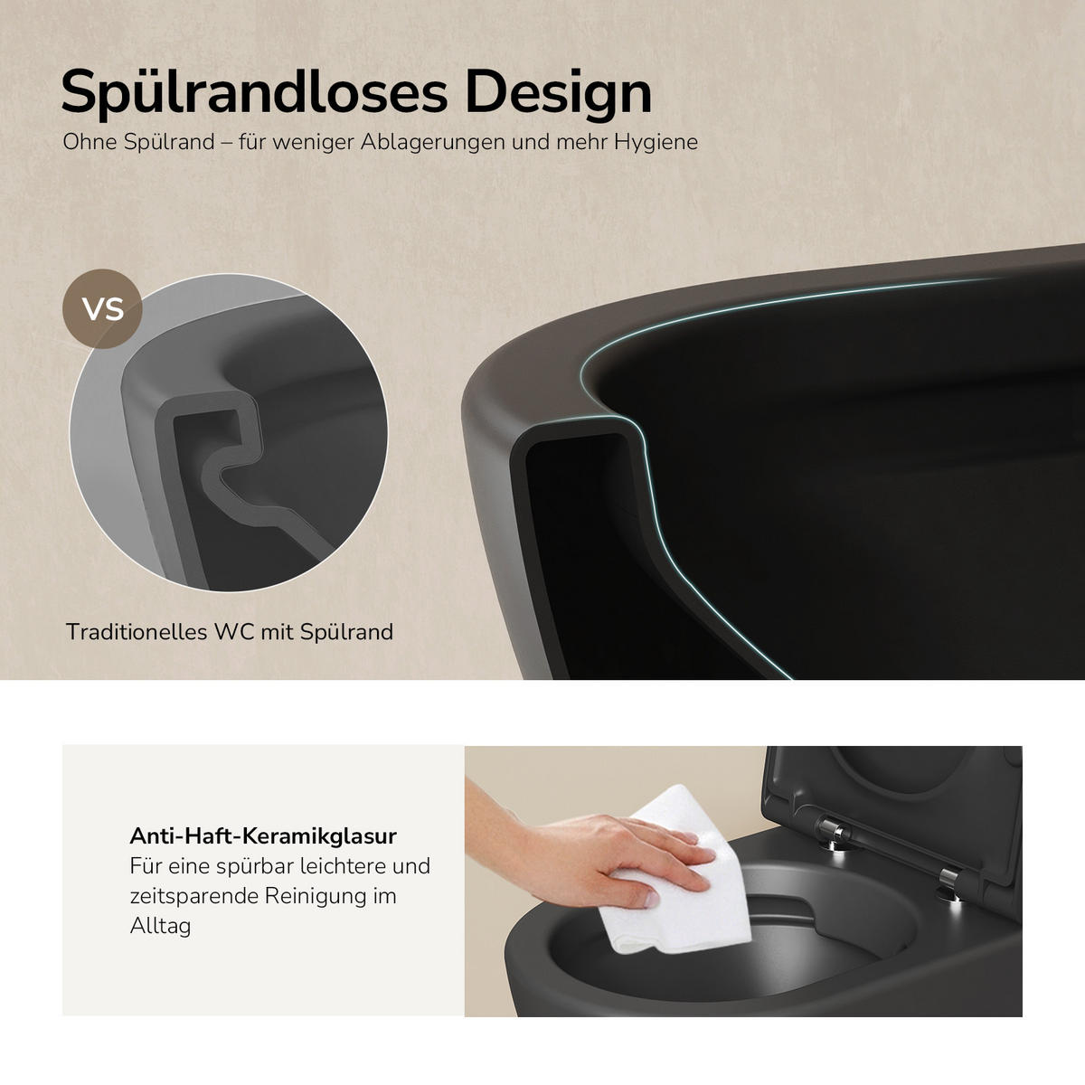 WAND-WC Set ohne Spülrand 49 x 37 cm inkl. WC-Sitz mit Absenkautomatik schwarz matt - Schwarz, Keramik (37/37/49cm) - EMKE