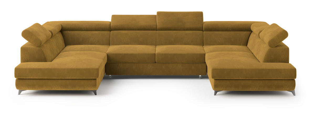 WOHNLANDSCHAFT VINTESSA Gelb Velours-Stoff mit Schlaffunktion - Gelb, Holz (323/89/190cm) - MASSENO